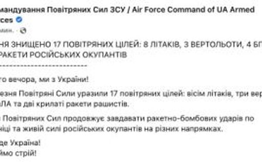 За сутки силы ПВО Украины уничтожили 17 целей